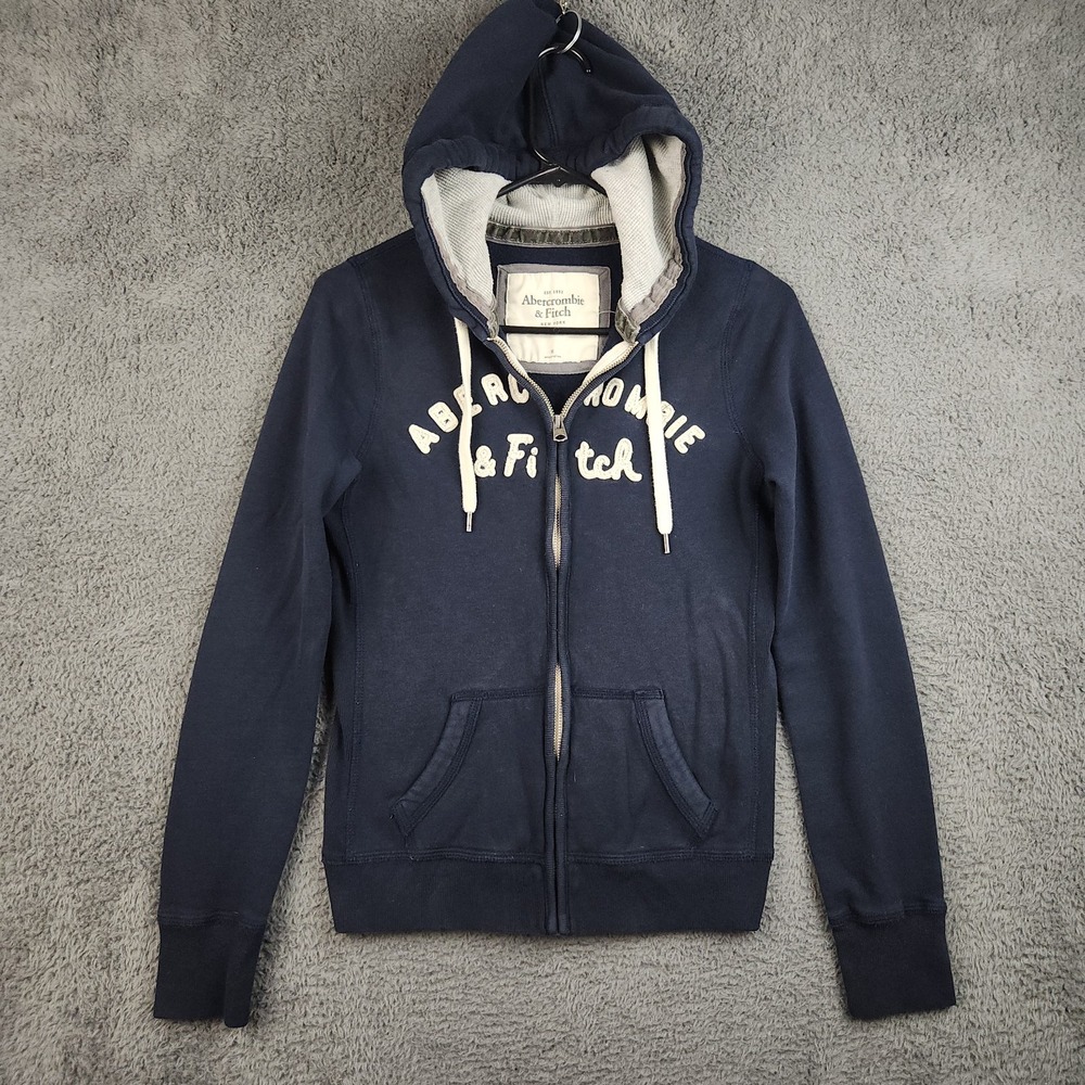 Vintage Abercrombie & Fitch Hoodie Mens Medium Muscle Navy Blue Puff Print Y2K